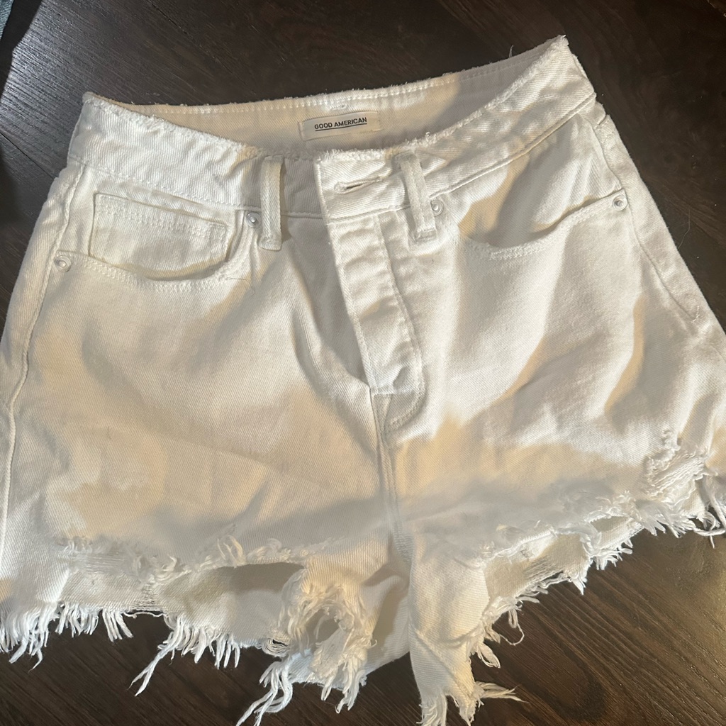 Good American Frayed Hem White Jean Shorts